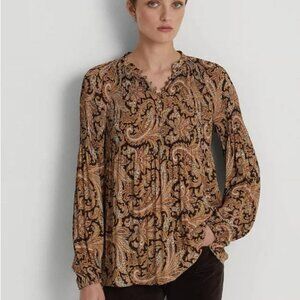 Ralph Lauren BROWN MULTI Women's Paisley Pleated Georgette Blouse
